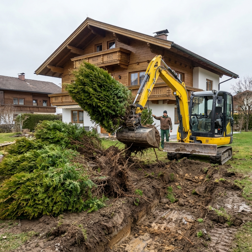 Minibagger gräbt im Bezirk Mödling eine Thujenhecke mit den Wurzeln aus, um die Hecke vollständig zu entfernen
