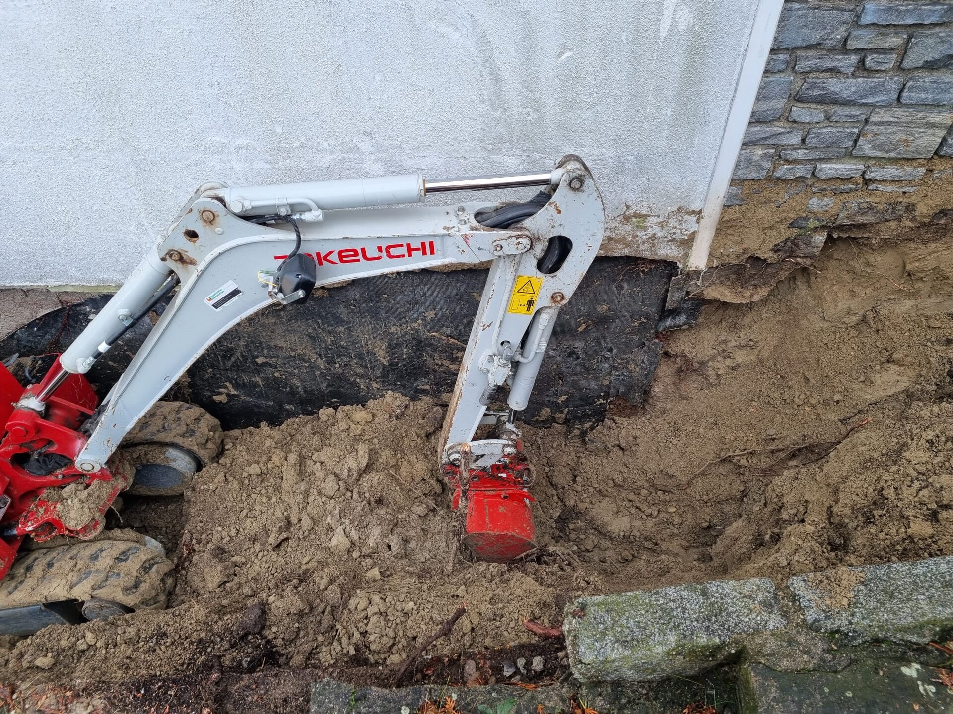 Minibagger rodet dichtes Gestrüpp und Sträucher samt Wurzeln auf einem verwilderten Grundstück im Bezirk Gänserndorf