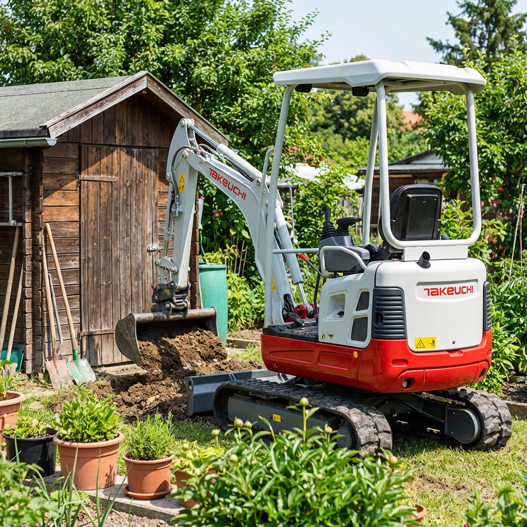 Minibagger beim Graben im Wiener Kleingarten